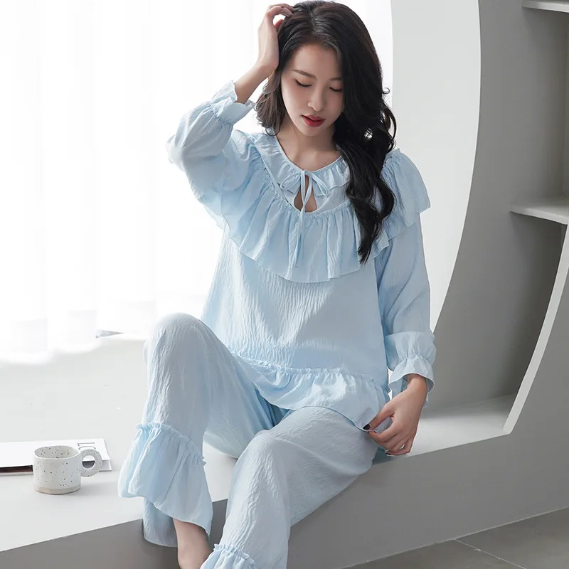 Spring New Cloud Cotton Pajamas Long Sleeve Pants Two-piece Set Palace Style Costume Lotus Leaf Edge Home Fury Clothes for Women
