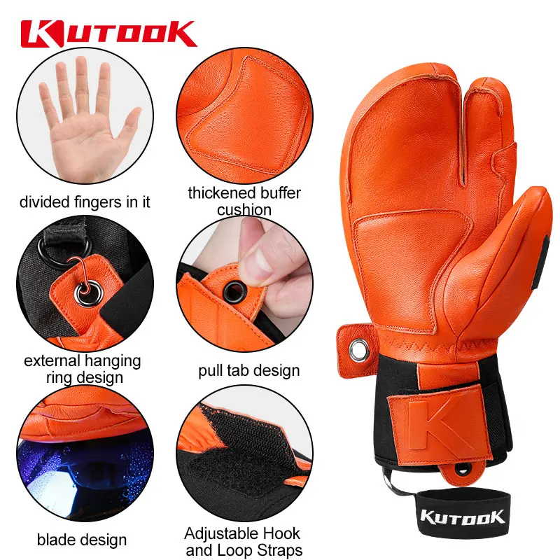 KUTOOK Winter Ski Gloves Goatskin Leather Mittens 3M Thinsulate Snowboard Gloves Thermal Warm Skiing Gloves Waterproof Men Women 6