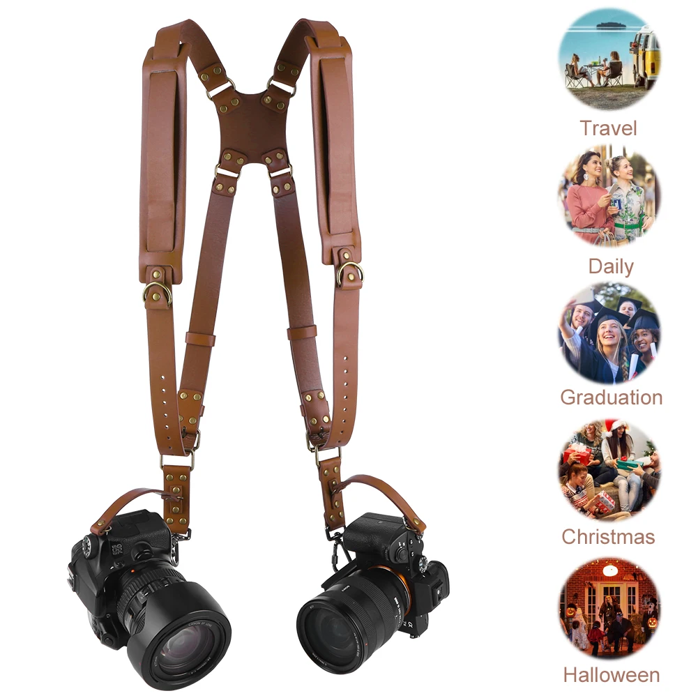듀얼 카메라 스트랩 가죽 카메라 스트랩 조절 가능한 카메라 운반 스트랩 DSLR/SLR 카메라용 범용 카메라 숄더 스트랩