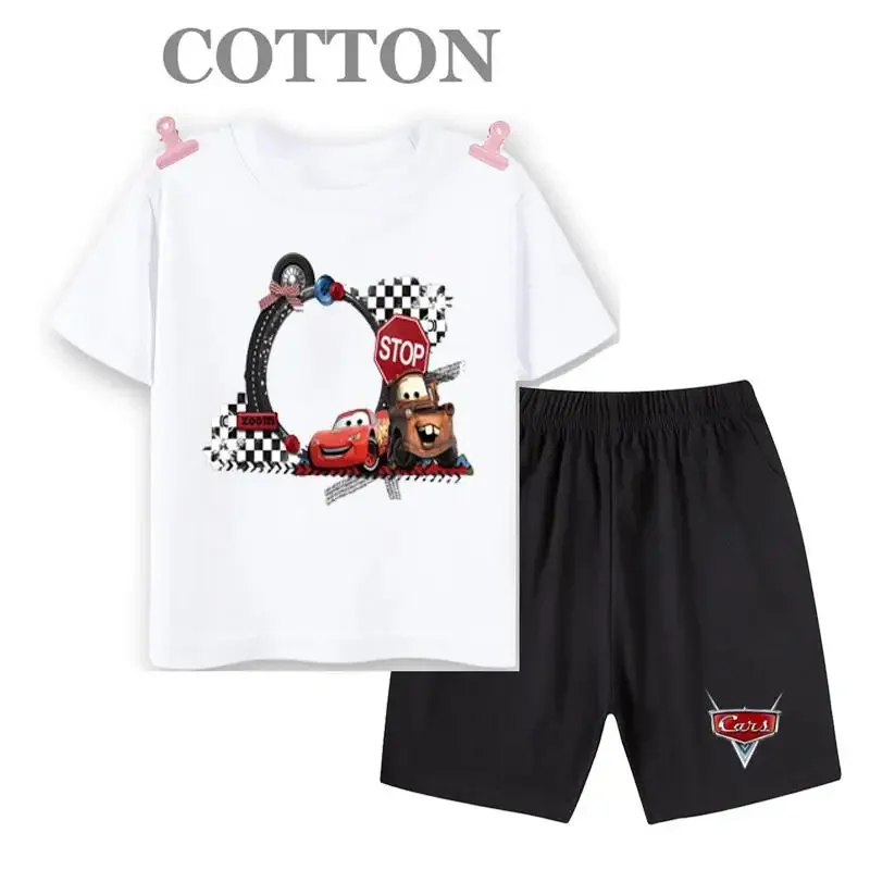 thumbnail image 1 of Conjunto de camiseta y pantalones cortos de verano para niños, camiseta de algodón de manga corta con dibujos de coches y pantalones, conjunto de 2 piezas, ropa para niñas y niños, conjunto para bebés, 1 of 5