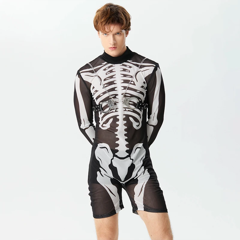 

2023 Men's Rompers Mesh Transparent Turtleneck Long Sleeve Sexy Bodysuits Printing Homewear Male Pajamas Jumpsuits S-3XL INCERUN