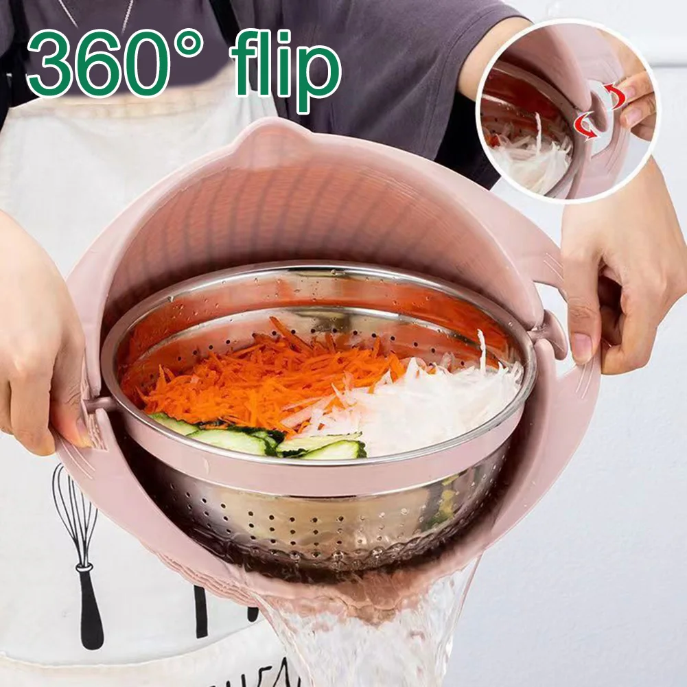 

4 IN 1 Colander With Mixing Bowl Set Multinational Double Layer Salad Spinner Rotatable Stainless Steel Kitchen Essentials