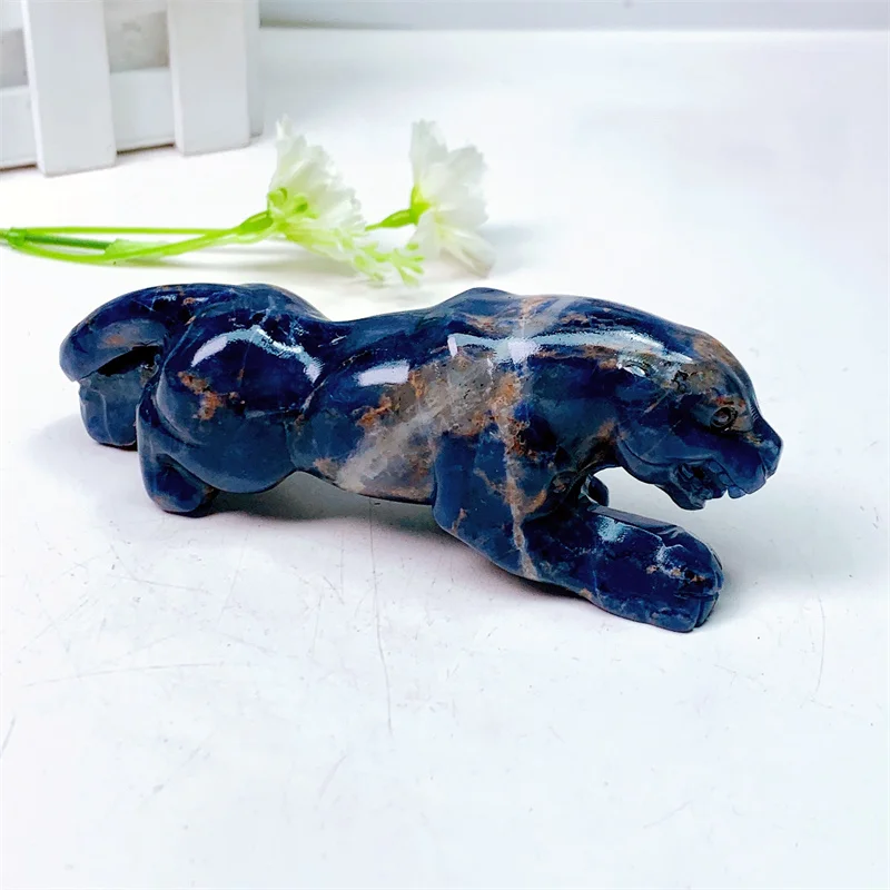 

Natural Blue Sodalite Cheetah Hand Carved Animal Figurine Healing Energy Gemstone Crystal Crafts Christmas Gift 1pcs 11.7CM