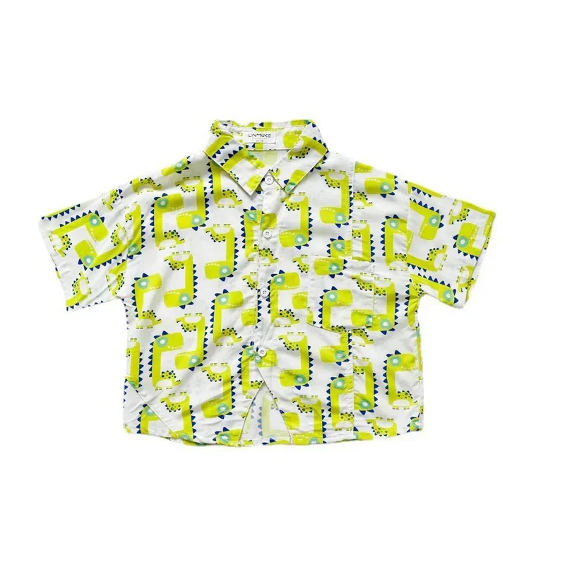 Loose Fit Summer Children's Casual Short Sleeve Shirt Cartoon Print Lyocell Cotton Boys' Shirt Comfortable Breathable Top