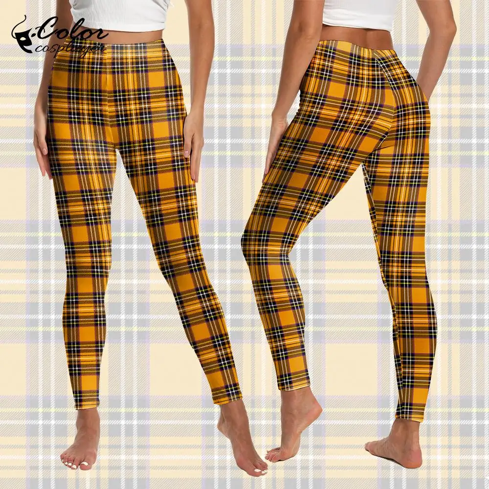 

Color Cosplayer Yellow Grid Legging for Women Pants Holiday Party Trousers Carnival Vintage Leggings Yoga Sport Skinny Pants