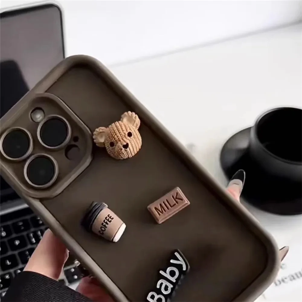 Cute 3D Bear milk coffee color three-dimensional bear for iPhone 13 promax Apple 12 mobile phone case 11 advanced 14pro silicone