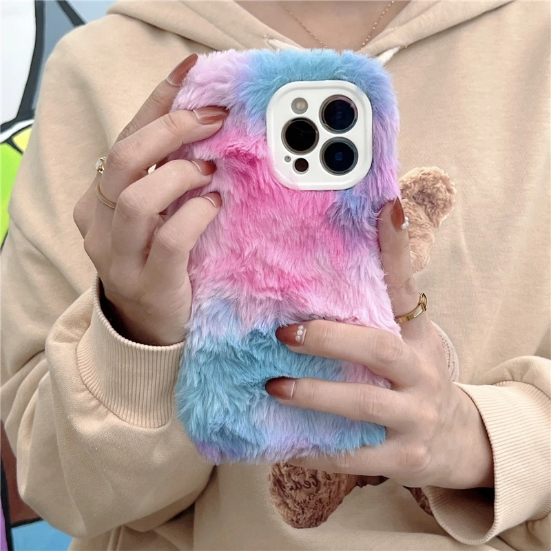 Fashion Gradient Watercolor Fluffy Plush Fur Phone Case For iPhone 11