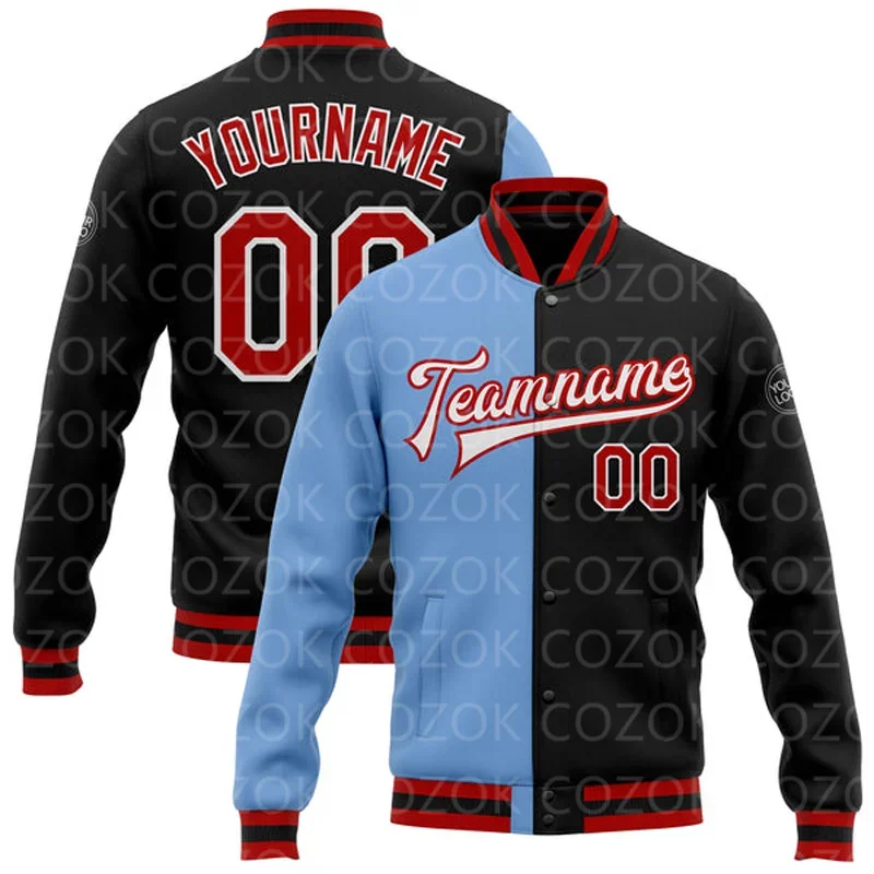 Custom Red splice 3D Printed Baseball Button Jacket Bomber Full-Snap Varsity Letterman Jacket