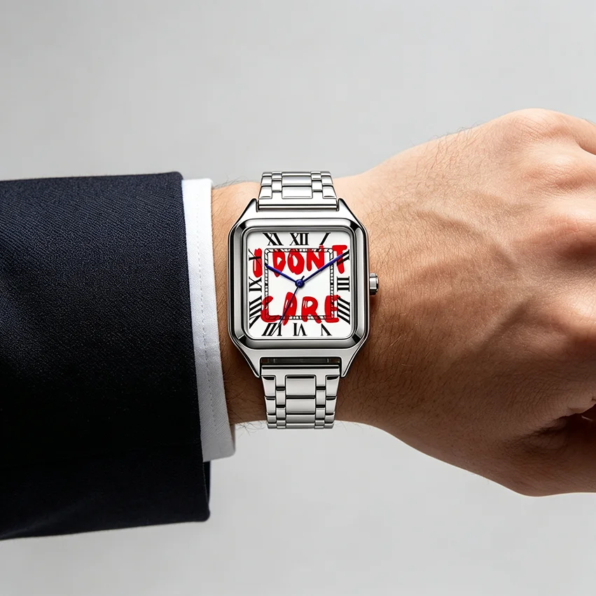 Ladies' Men Square Luxury Watch, Slogan Text on the Large Dial, 30-Meter Water Resistance, Elegant Design, Stainless Steel Strap