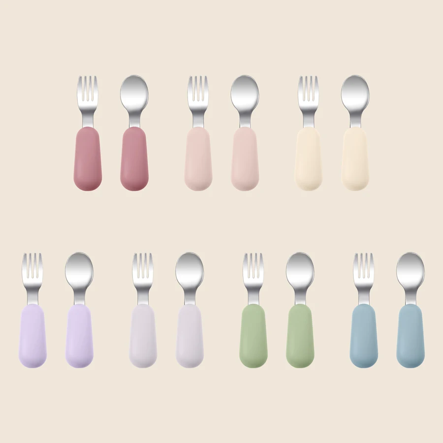 2PCS Baby Silicone Stainless Steel Fork Spoon Portable Baby Tableware Feeding Training Baby Utensils Solid Color Baby Stuff 5