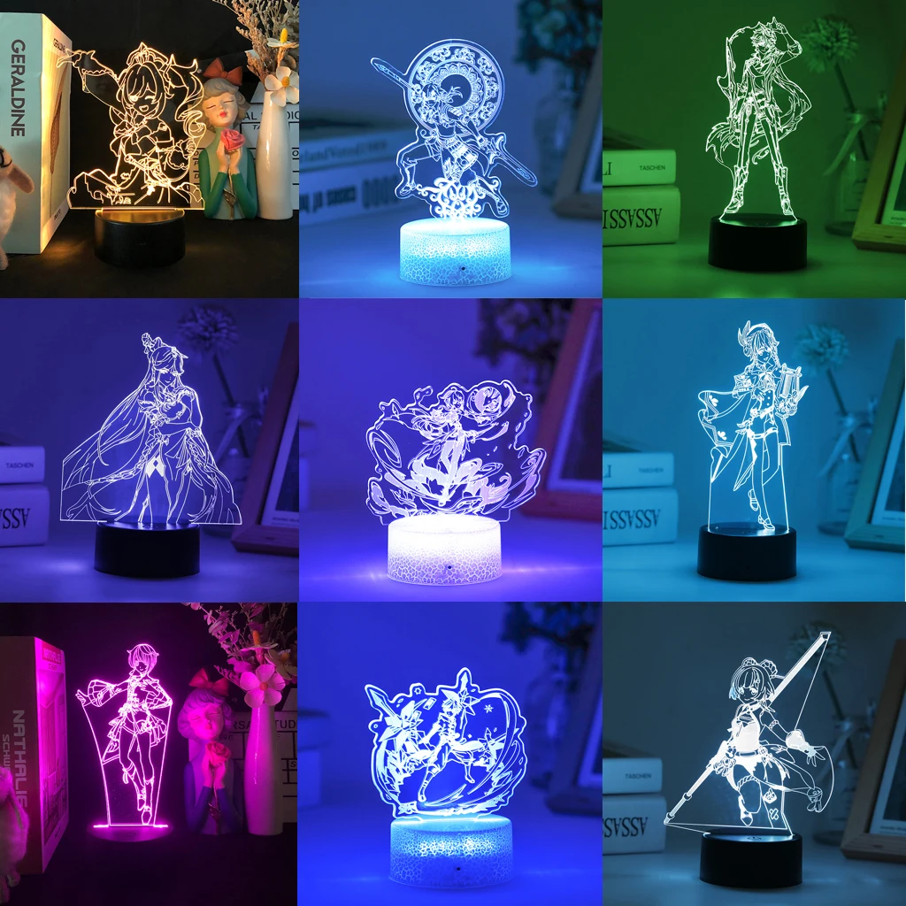 

Фигурка игры Genshin Impact Chongyun Hu Tao Ganyu Thoma Xiangling, 3d Светодиодная лампа для детской спальни Ningguang, акриловые ночники, подарок