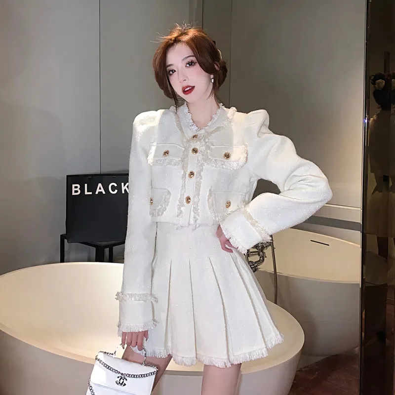 2022 Tweed Women Black Vintage Office Lady Single Breasted Blazer Female Casual Slim Short Blazer Coats Tweed Jacket Black Tops