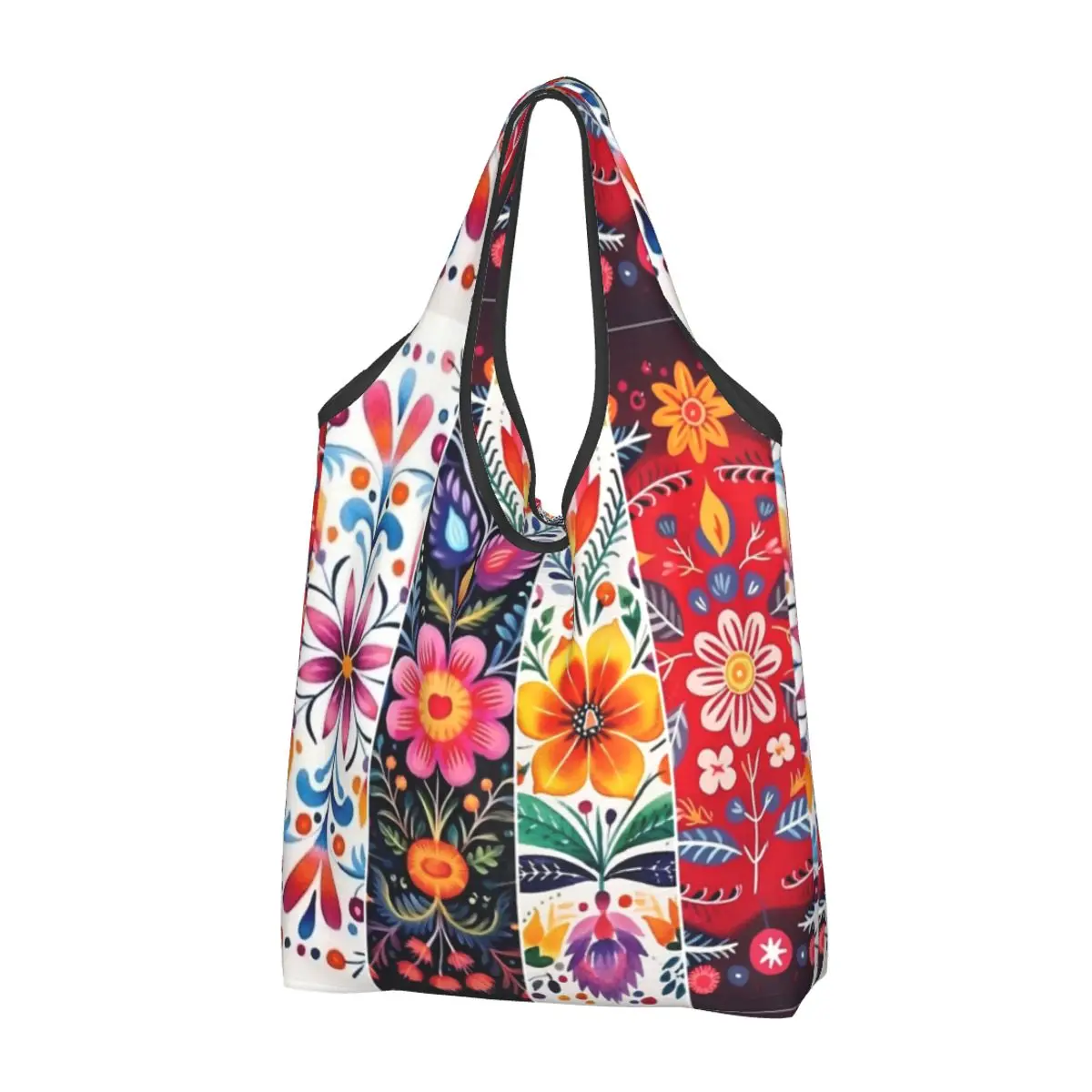 

Bright And Bold Flowers Grocery Bags Durable Large Reusable Recycle Foldable Shopping Eco Bag Washable Attached Pouch