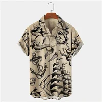 Men's Vintage Mermaid Print Shirts Boat Anchor Print Button Shirts Summer Ocean Element Shirts Men's Hawaiian Leisure Shirts 1