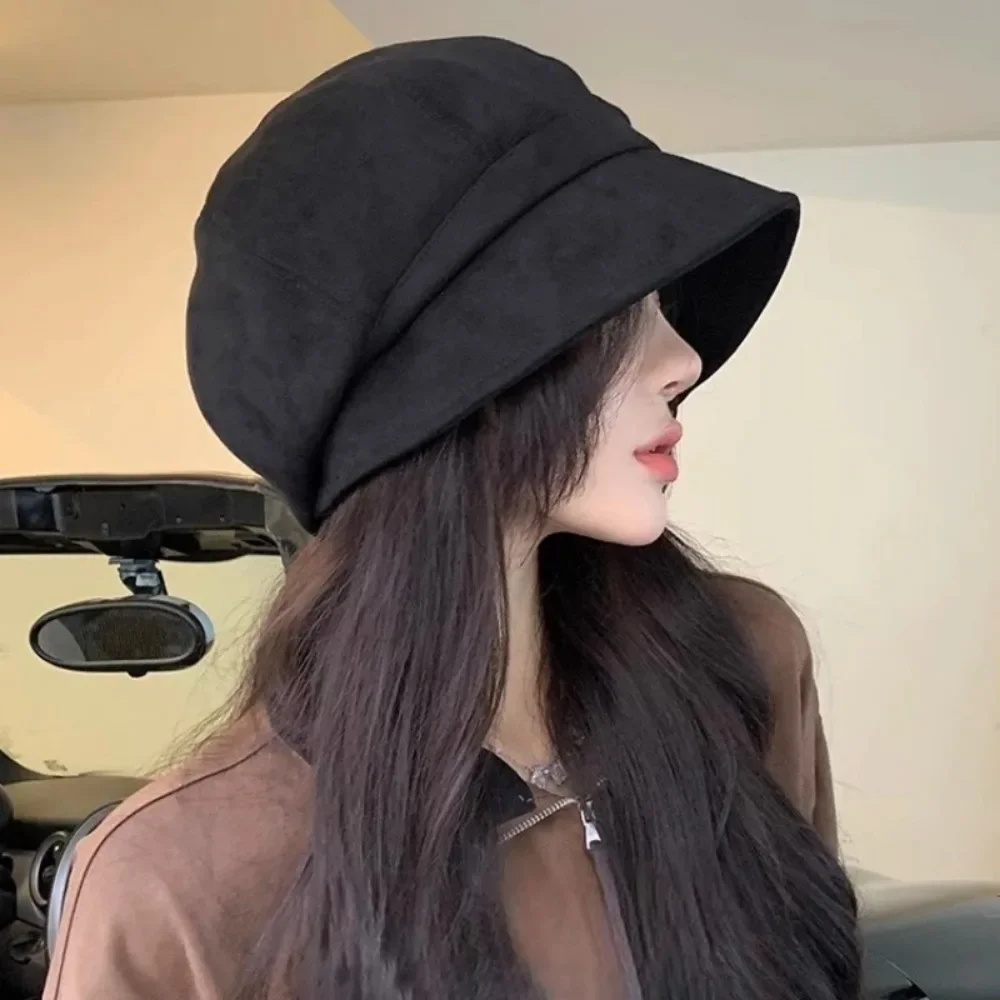 Retro Newsboy Cap Women Autumn Winter Suede Octagonal Caps for Girl Solid Color Artist Painter Hat 베레모
