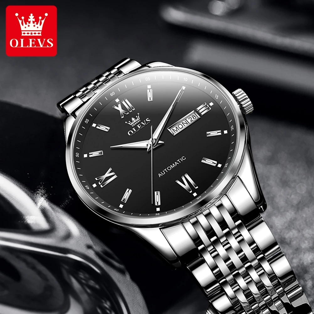 OLEVS Brand 2024 Fashion Mechanical Watch for Men Stainless Steel Waterproof Luminous Hands Week Calendar Luxury Watches Mens
