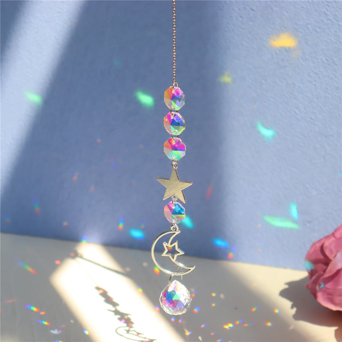 Description Picture 2 of itemCrystal Wind Chime Sun Catchers Ornament Star Moon Pendant Window Hanging Curtain Windchime Rainbow Chaser Home Garden Decor