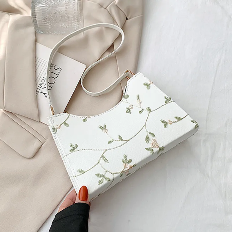 

Summer Lace Floral Stitching Shoulder Bag for Women Soft PU Leather Underarm Bags Beach Travel Handbag Girls Small Tote Bag