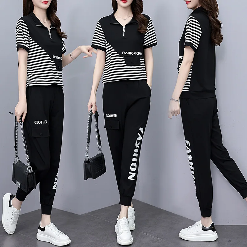 

Женский Повседневный комплект из двух предметов, спортивная одежда, полосатая рубашка с коротким рукавом и брюки в стиле пэчворк, лето 2024