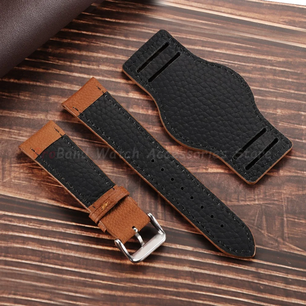 Elegant Genuine Leather Watch Straps with Retro Bund Pad in Black and Brown