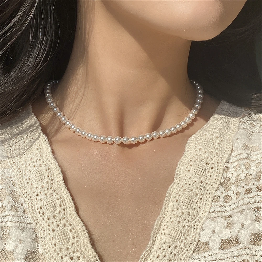 4/6/8/10/14mm Imitation Pearl Necklace Fashion Beaded Collar Chain Choker Necklace for Women Trendy Wedding Jewelry women jewelry