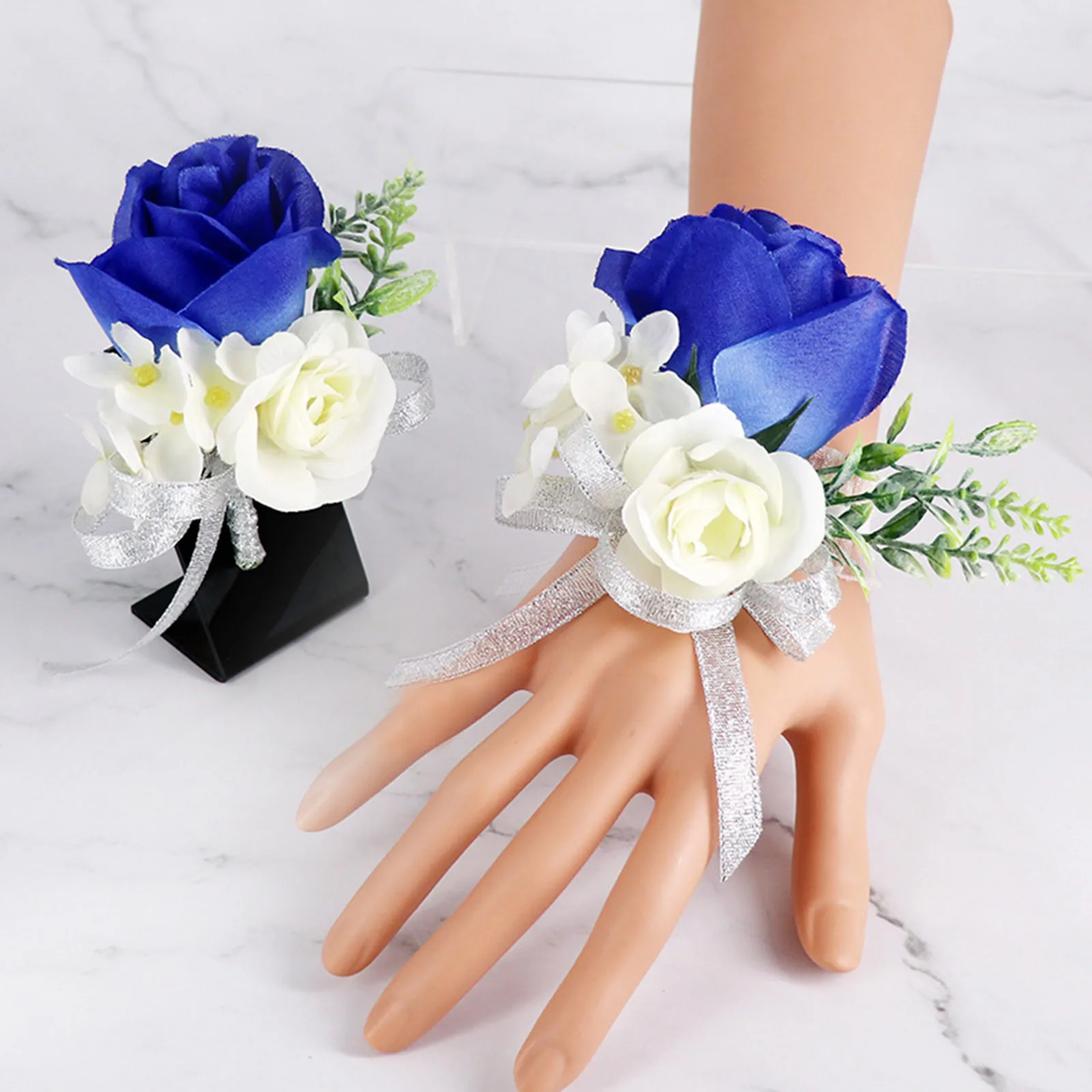 White Roses Blue Ribbon Wrist Corsage Wedding Boutonnieres Tulip Bracelet Flowers Groom Man Suit Buttonhole Brooch Pins Marriage