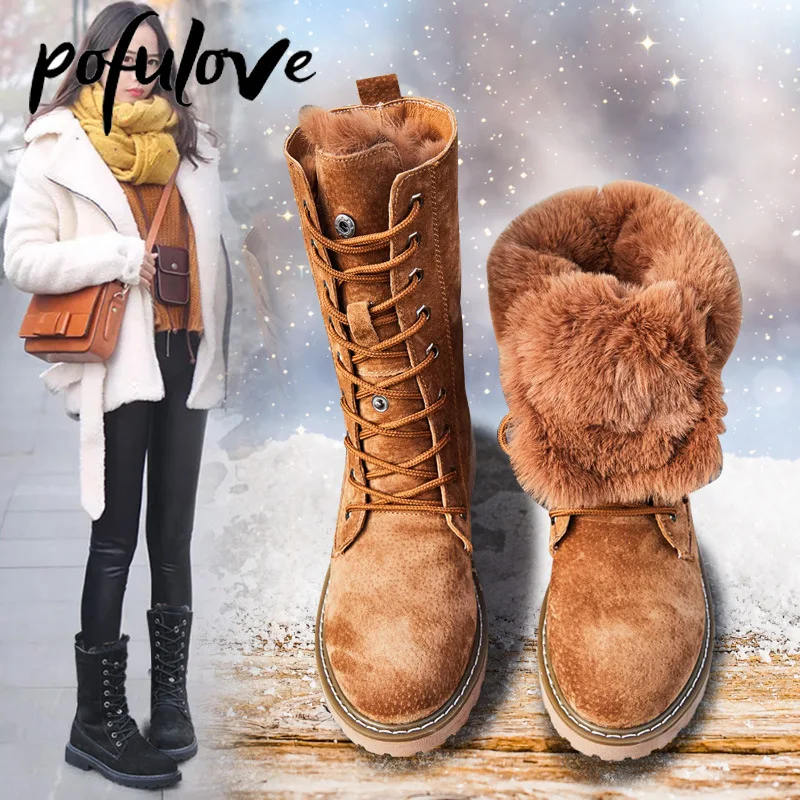 

Pofulove Women's Winter Fur Boots Plush Warm Snow Black Brown Ankle Booties Anti Slip Leather Botas Punk Flats Zapatos Mujer