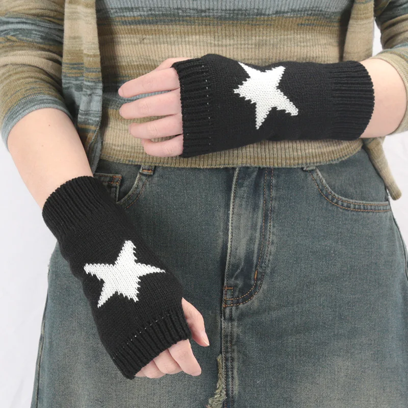 Knitted Black Punk Fingerless Gloves Ins Fashion Y2K Cuff Women Men Glove Elbow Cool Stretch Winter Arm Warmer Mitten Guantes