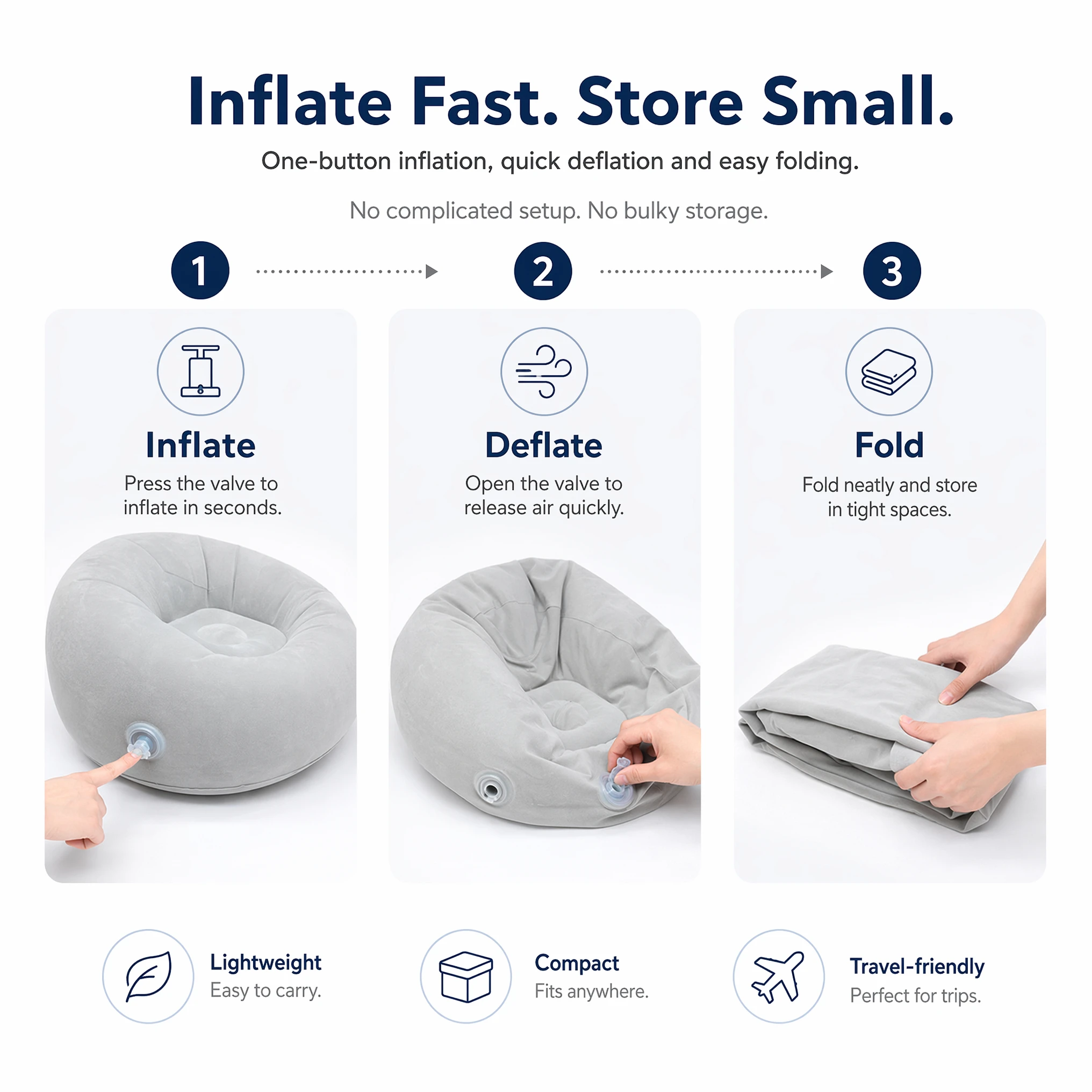 Flocking Inflatable Ball Sofa Portable Round Air Bean Bag Chair Foldable Leisure Inflatable Couch for Bedroom Living Room Indoor Home Furniture