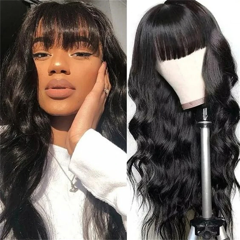 

Body Wave Lace Wigs With Bangs Synthetic Long Straight Wigs For Black Women Heat Resistant Fibre Cheaper Natural Wig Daily Use