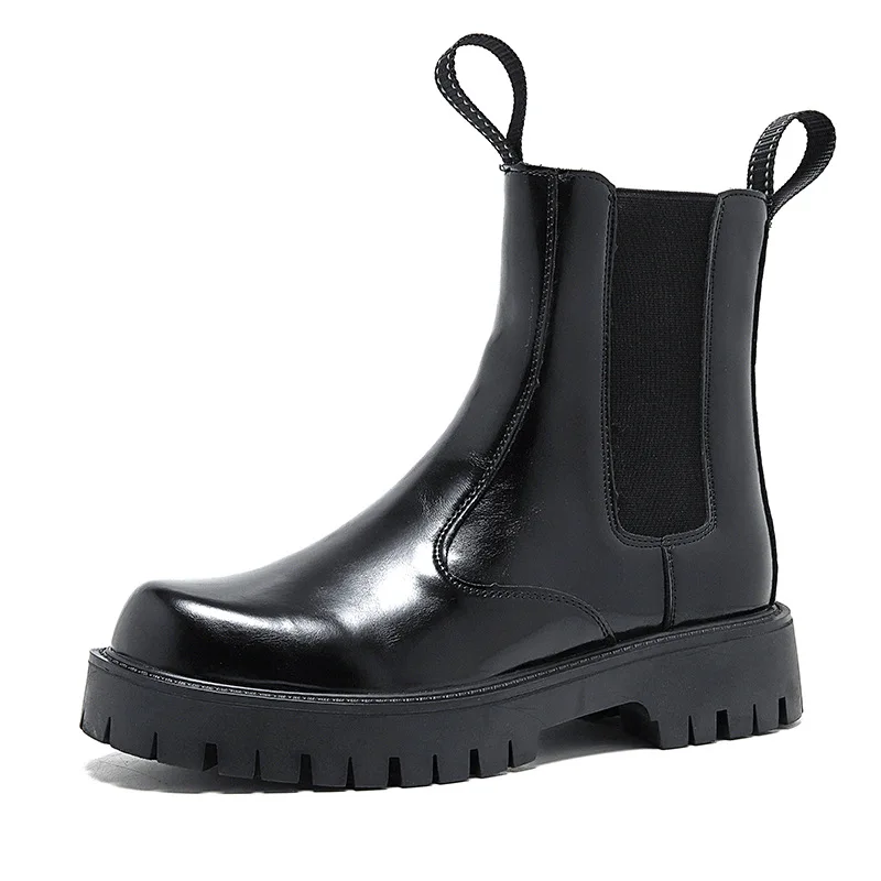 thumbnail image 1 of Botas de hombre estilo Chelsea botines negros trabajo de invierno botines de cuero de caña alta más botas de lana para motocicletas C1175, 1 of 5