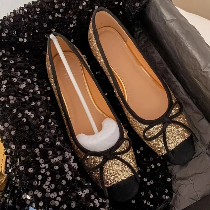 

Женские туфли на плоской подошве, с бантом и блестками