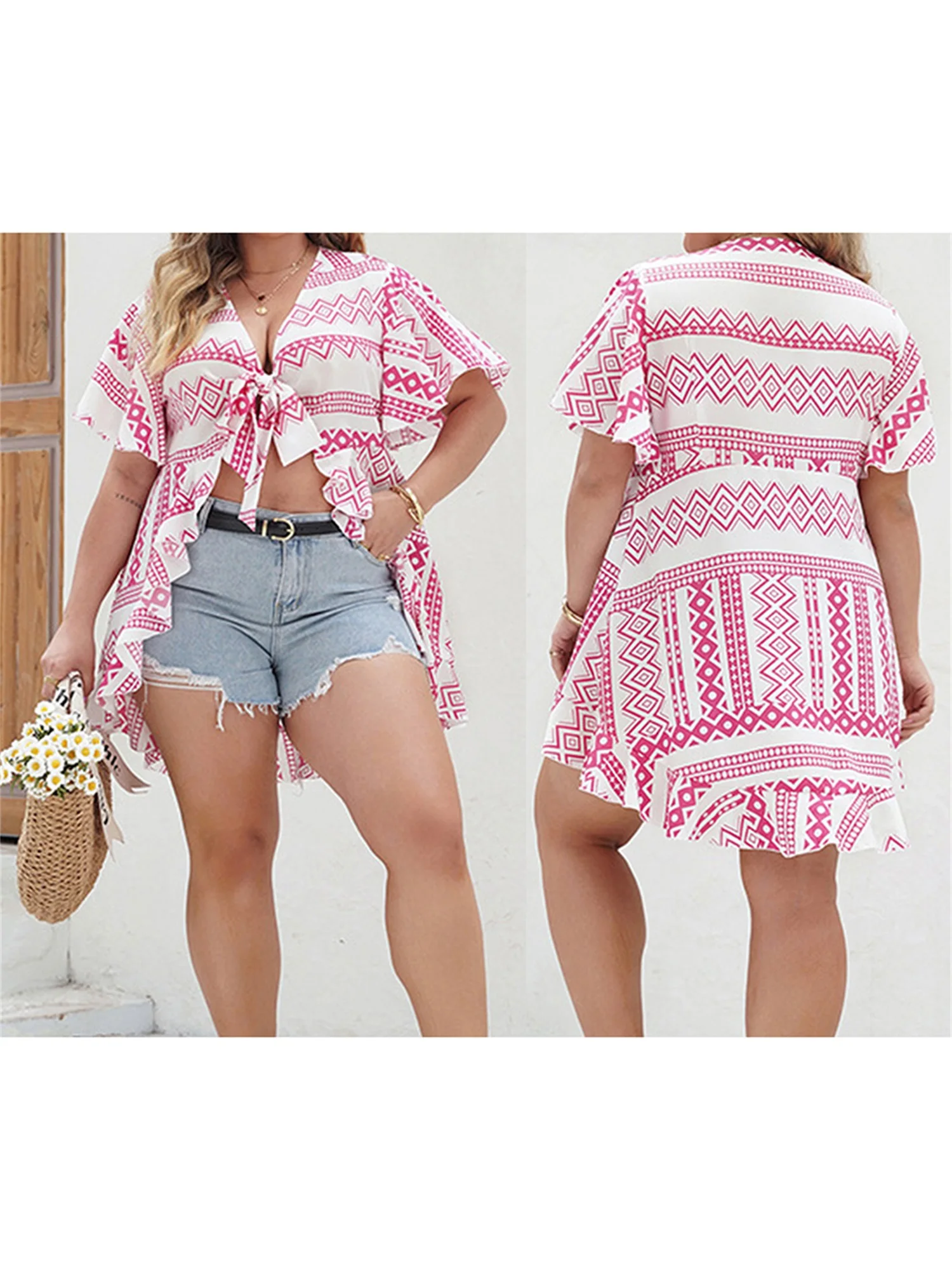 Women Plus Size Floral Print Off Shoulder Ruffle Sleeve Blouse Loose Fit V Neck Tops Summer Cardigan with Tie Front