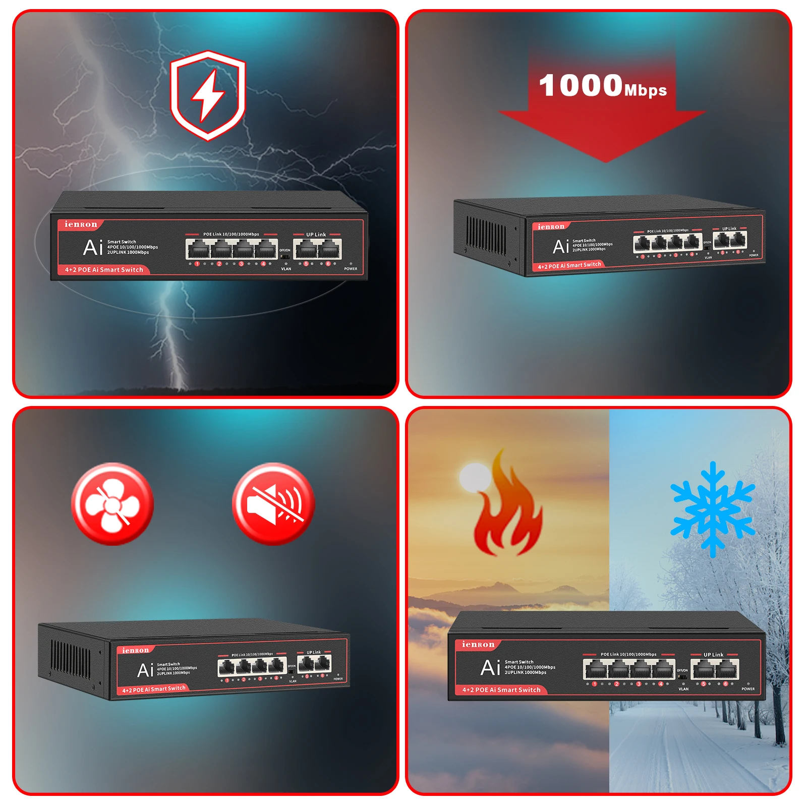 Ienron-switch Inteligente de Rede Gigabit Ethernet Poe Mais Portas Potência 52v 1000 Mbps Portas Poe Câmera ip Roteador Wi-fi - Imagem 3