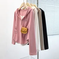 2025 Autumn New plus Size Women's Hooded Long Sleeve Embroidered Sweatshirt Drawstring Color Block Top Casual Korean Style