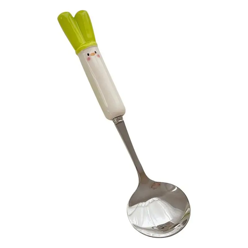 귀여운 세라믹 스푼, 부드럽고 편안한 그립, 녹색 양파 식기, 휴대용 커트레이, 두꺼운 글리치 없음, 작업 학생 스푼 세트 포크