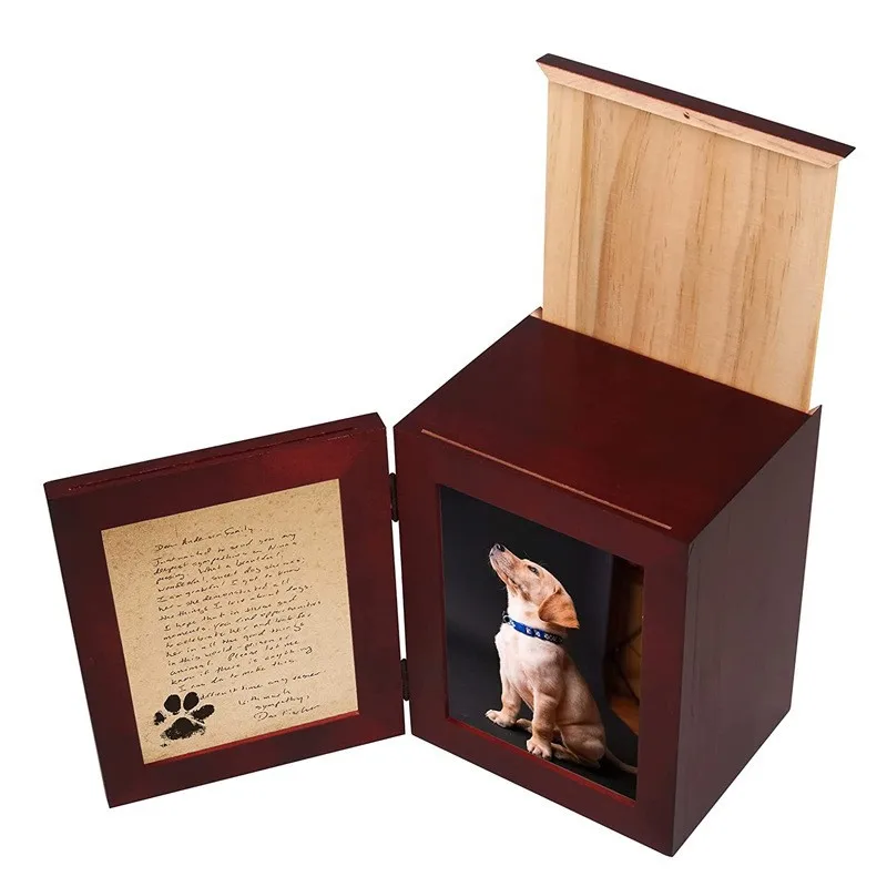 Premium wooden pet urn with photo frame and paw print memorial keepsake for dogs & cats