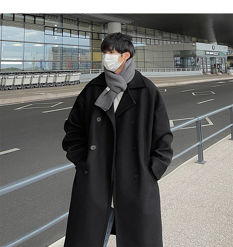 Description Picture 5 of itemKorean Trend Blends Men Autumn Temperament Handsome Baggy Double Breasted Fashion Cozy Blocking Overcoats Pure Color Classic