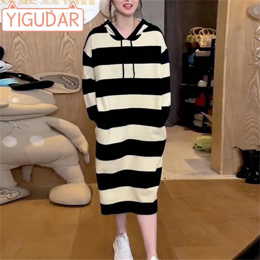 

Autumn Winter Pregnant Woman Sweater Dress Block Color Striped Hooded Maternity Sweatshirts Long Loose Pregnancy Hoodies Dresses