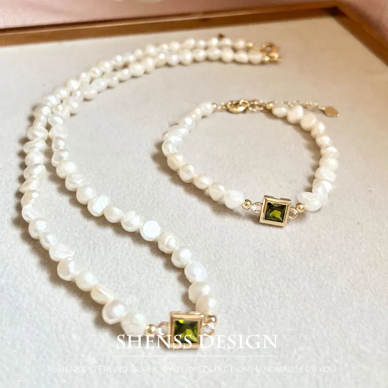 Temperament Design Natura 5-6mml Baroque Pearl Necklace Customized Jewelry for Women's Green Zircon