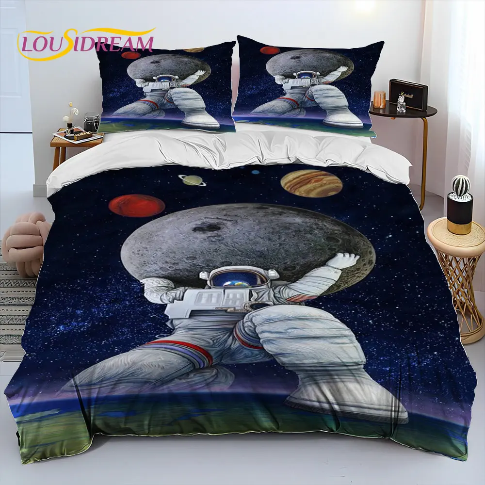 Astronaut Space Cartoon Comforter Bedding Set,Duvet Cover Bed Set Quilt Cover Pillowcase,King Queen Size Bedding Set for Child