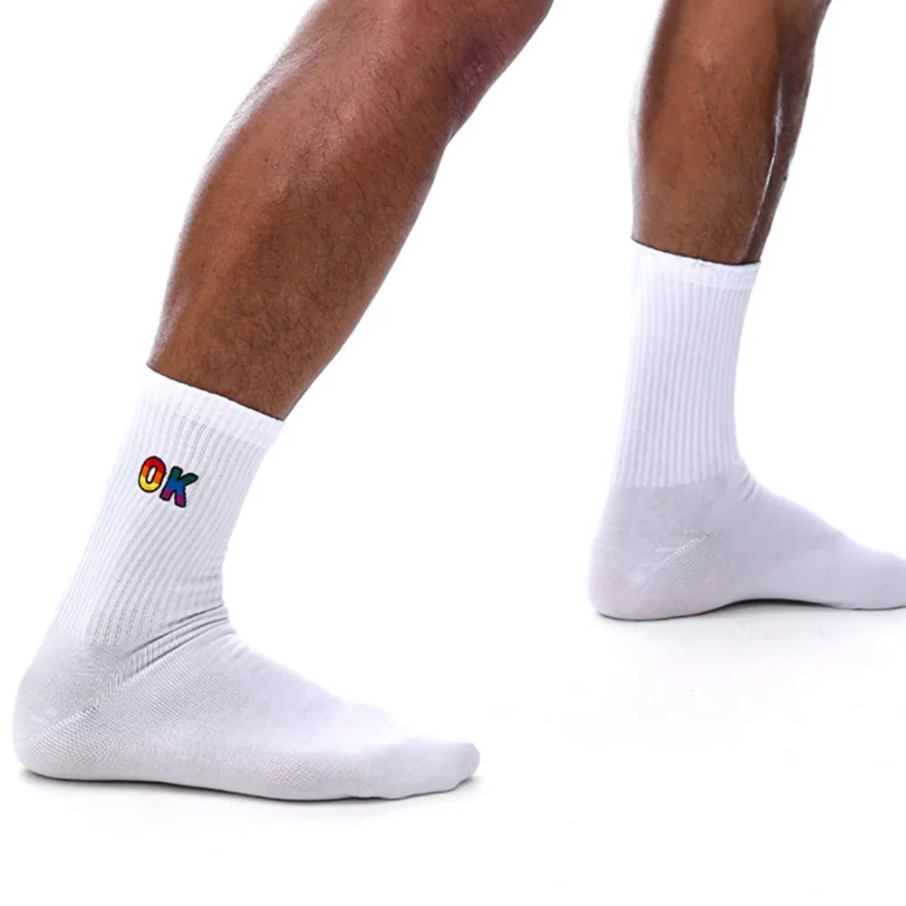 Men's Black and White Rainbow OK Pattern Embroidery Tall Tube Long Tube Thin Four Seasons Cotton Socks Sports Socks