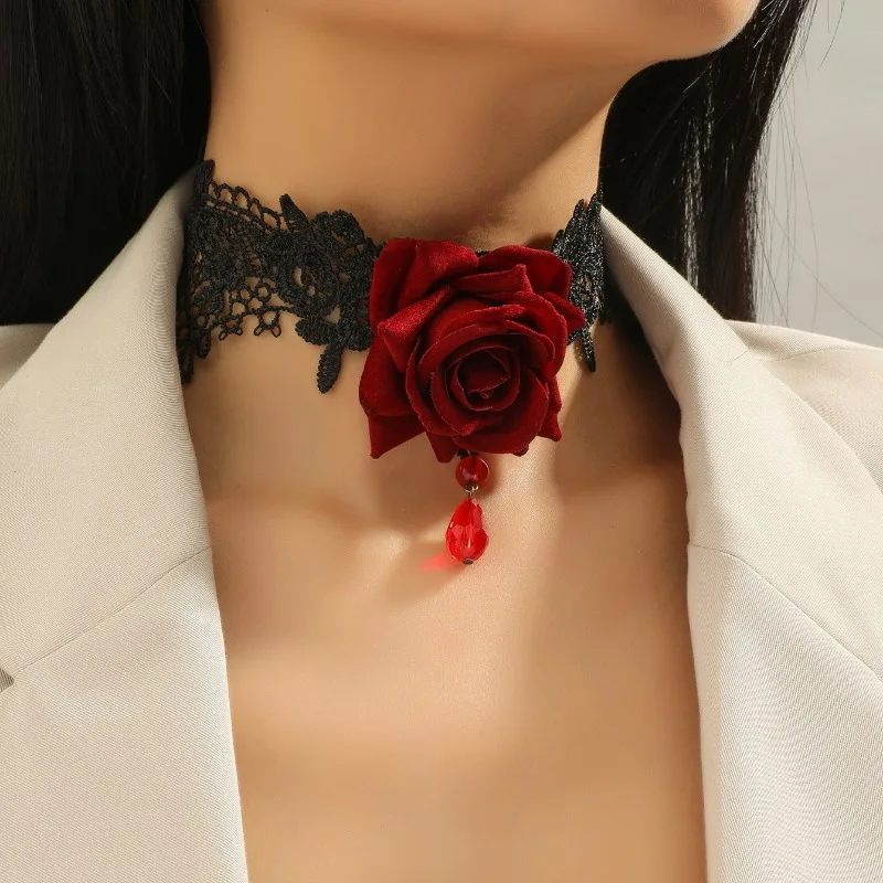 

Gothic Punk Style Lace Red Flower Women's Necklace Fashionable Luxury Club Pendant Clavicle Chain For Women Fashion Jewelry 2023