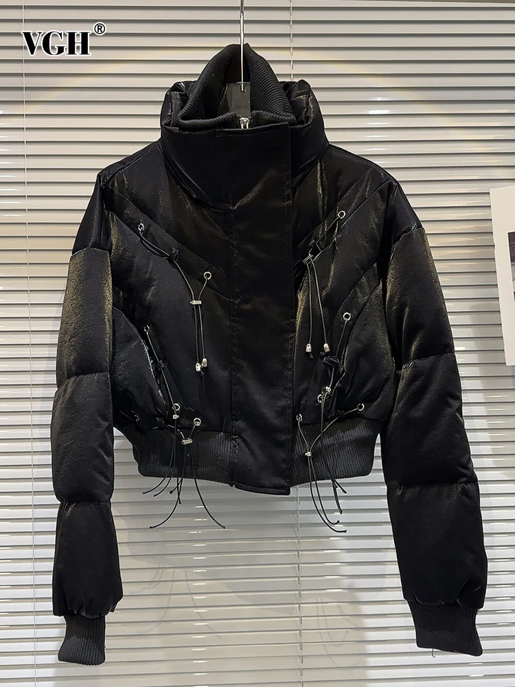 

VGH Patchwork Drawstring Solid Casual Winter Coats For Women Stand Collar Long Sleeve Spliced Zipper Short Parkas Female Style