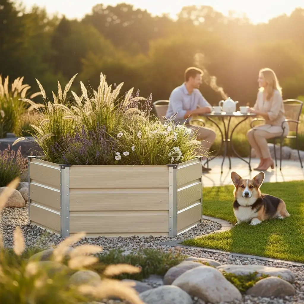 Pflanzkübel aus Stahl in Elfenbein, 129x129x45 cm, sechseckige Form, modernes Design für Garten und Terrasse – Detail 2