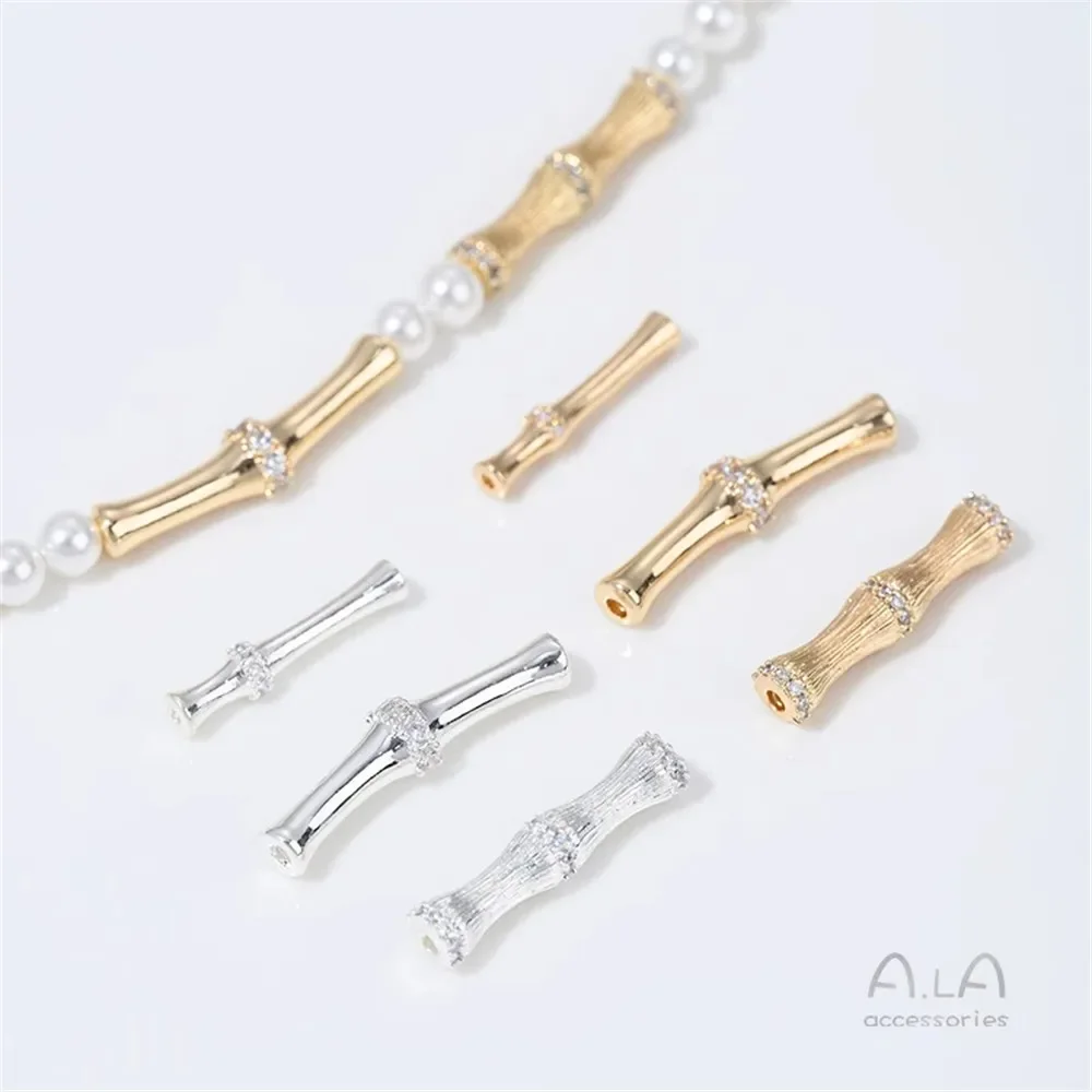 14K 금도금  지르코늄 인레이드 대나무 롱 튜브 비드 스페이서 엘보 펜던트 DIY 팔찌 목걸이 주얼리