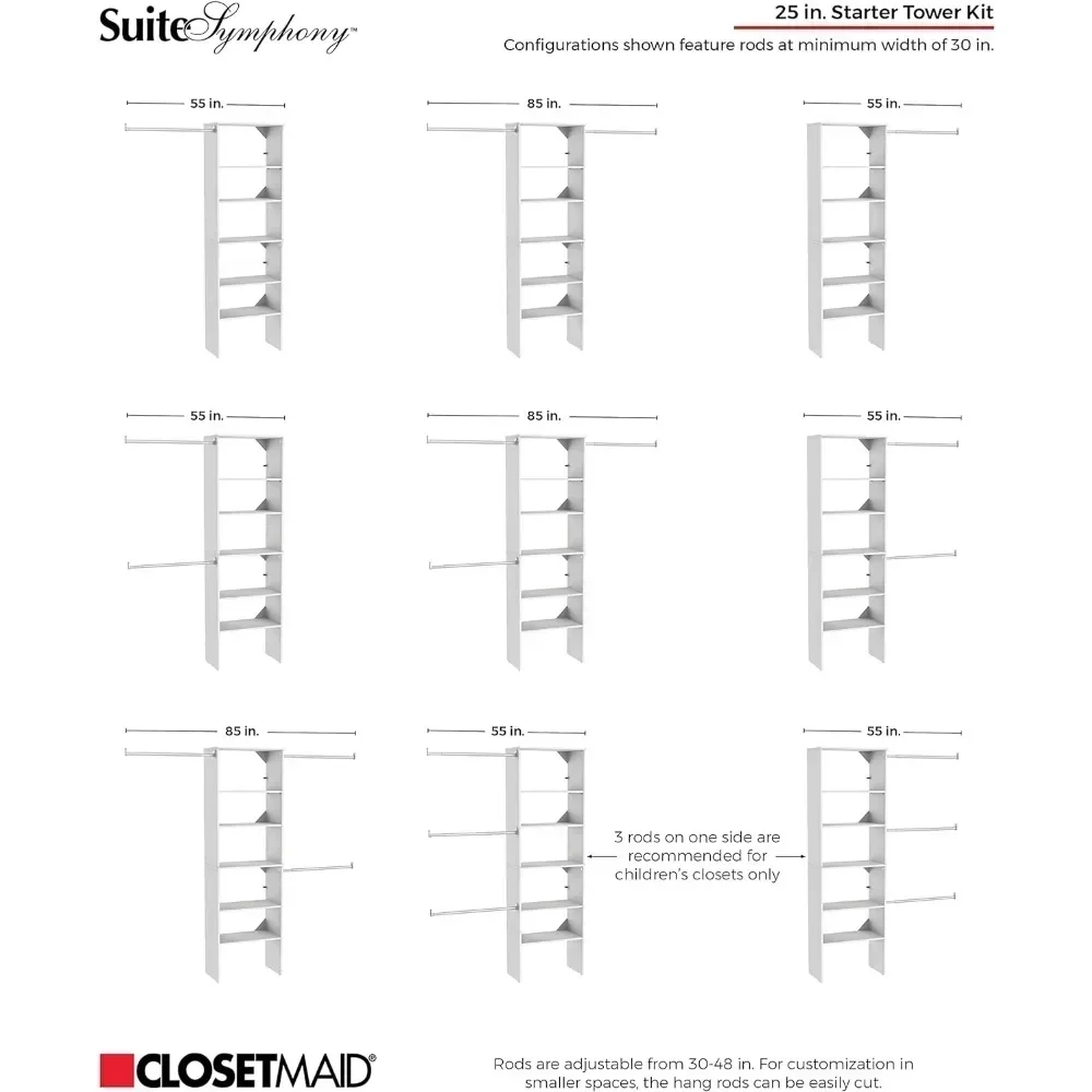 New2025-SuiteSymphony Wood Closet Organizer Starter Kit Tower and 3 Hang Rods, Shelves, Adjustable, Fits Spaces 5 – 10 ft. Wide