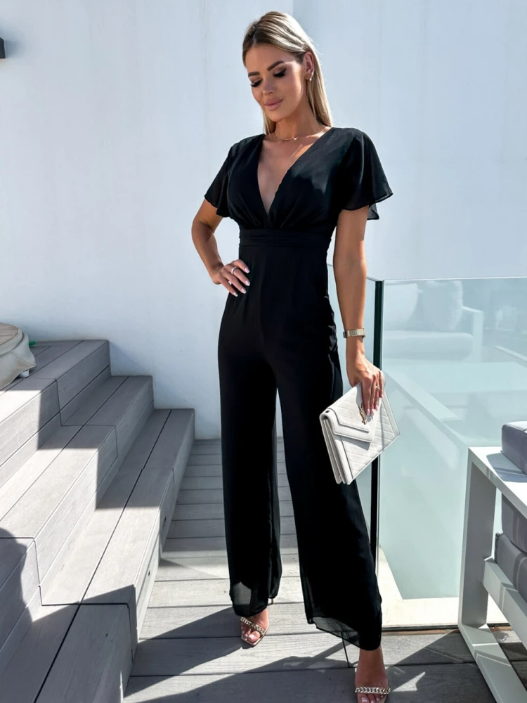 

Women High Waist Jumpsuits Deep V Neck Sexy Short Sleeve Solid Spring Summer Office Lady Elegant Wide-leg Pants Lugentolo