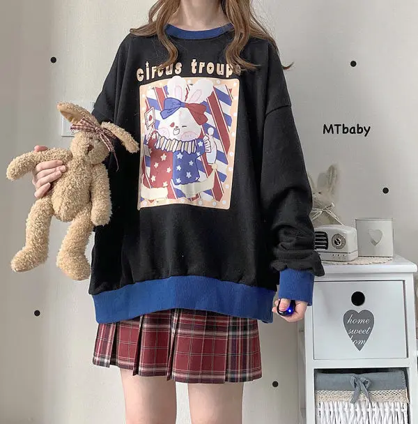 Fall Winter Women's Loose Sweatshirt Long Shirt Cute Long Sleeve Pullovers Hoodies Patchwork Vintage Style 2022