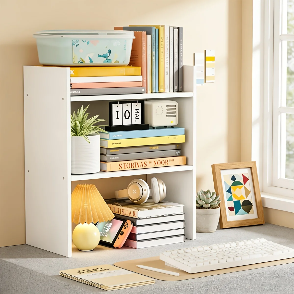 Compact White Wooden Bookshelf: 3-Tier Desktop Organizer for Office, Study, or Dorm